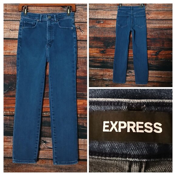 Express Jeans 2 Short Slim Ankle Super High Rise Dark Blue Denim Stretch - Picture 1 of 9